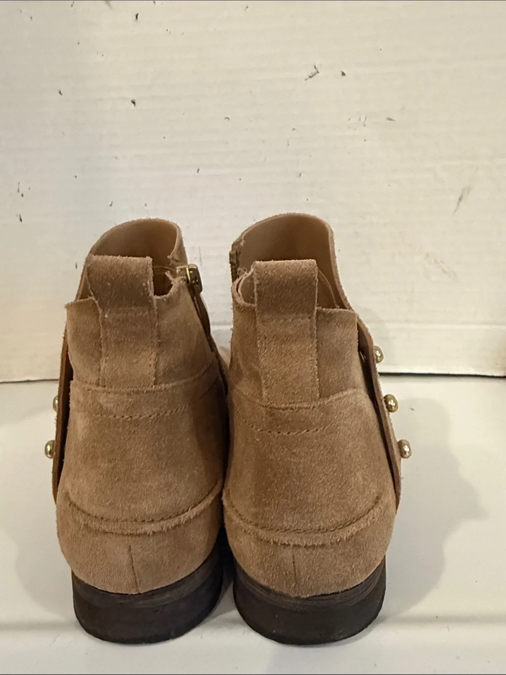 Franco Sarto Kelton Tan Suede Ankle Booties with Gold Studs (sz 9)
